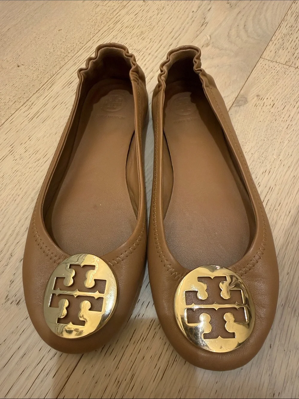 Tory Burch Tan Leather Ballet Flats with Gold Logo Medallion